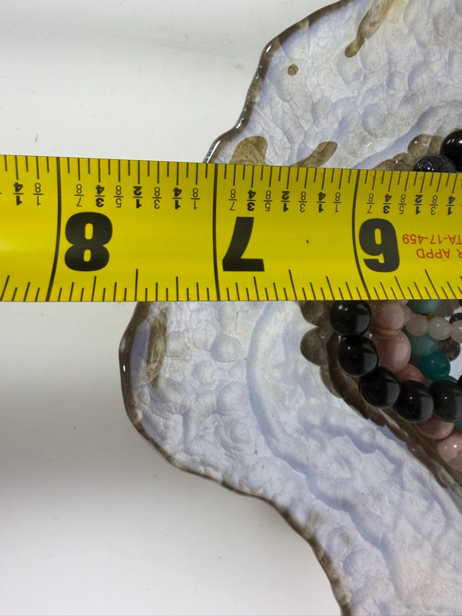 MCM Style Iridescent Gray Art Glass Oyster Shell Vanity Bowl With Semi Precious Beaded Bracelets Set 10'W X 7.5'D [Photo 5]