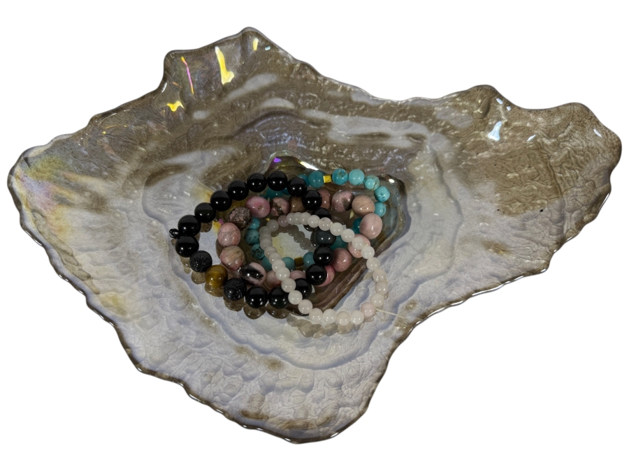 MCM Style Iridescent Gray Art Glass Oyster Shell Vanity Bowl With Semi Precious Beaded Bracelets Set 10'W X 7.5'D