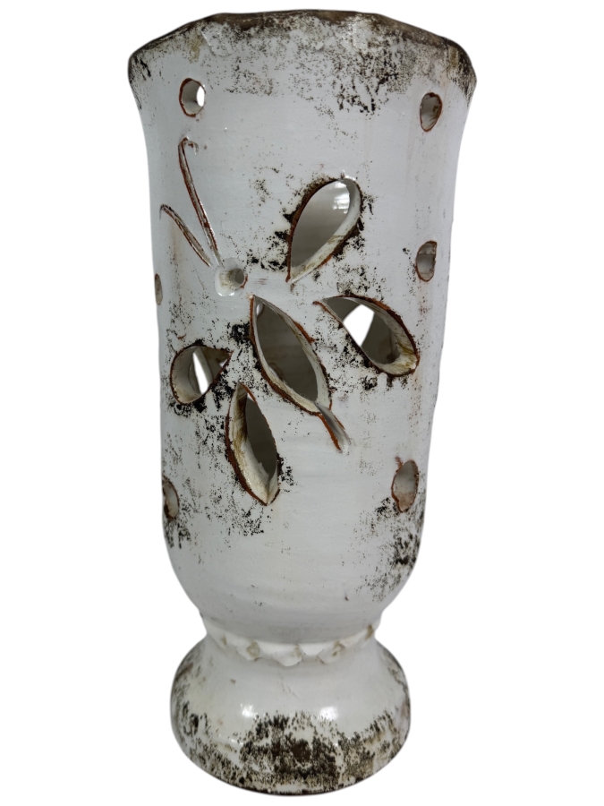 Vintage Rustic Handcrafted Cutout Butterfly White Ceramic Luminary Vase Candle Holder 12'H