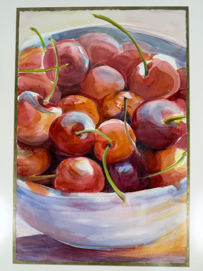 Cherry Sweig Original Watercolor Titled 'Bowl Of Cherries' Dated 2010 15 X 22.5 Framed 22 X 30.5 Retailed $550 [Photo 3]