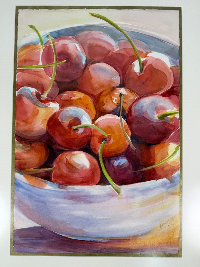Cherry Sweig Original Watercolor Titled 'Bowl Of Cherries' Dated 2010 15 X 22.5 Framed 22 X 30.5 Retailed $550 [Photo 2]