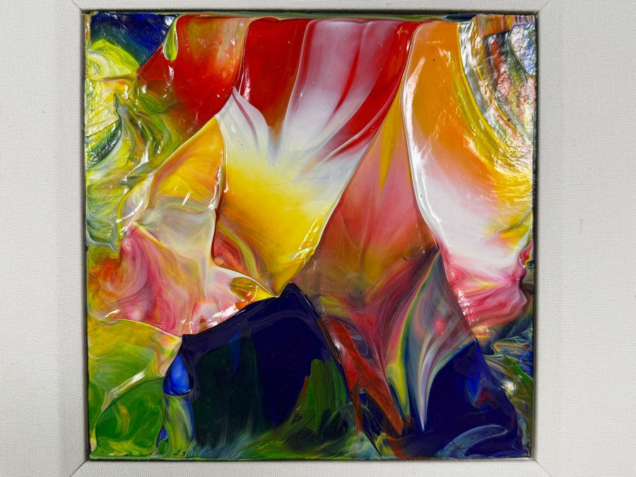 Signed Original Abstract Acrylic Fluid Pour Painting Vibrant Modern Wall Art With Square Frame 8' X 8' Frame: 17' X 17'