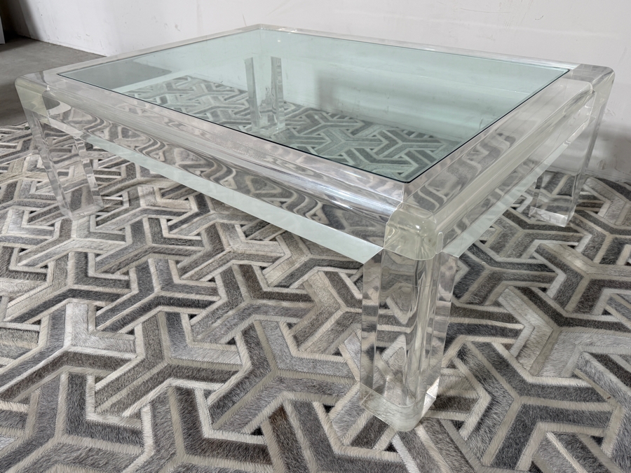 Vintage 1970s Signed Les Prismatiques Thick Slab Clear Lucite Inset Glass Coffee Table Retailed $10,995 48'W X 36'D X 18'H [Photo 8]