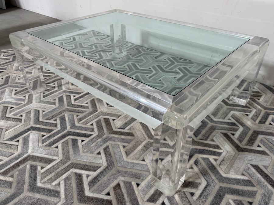 Vintage 1970s Signed Les Prismatiques Thick Slab Clear Lucite Inset Glass Coffee Table Retailed $10,995 48'W X 36'D X 18'H