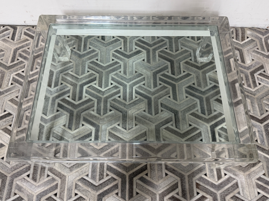 Vintage 1970s Signed Les Prismatiques Thick Slab Clear Lucite Inset Glass Coffee Table Retailed $10,995 48'W X 36'D X 18'H [Photo 7]