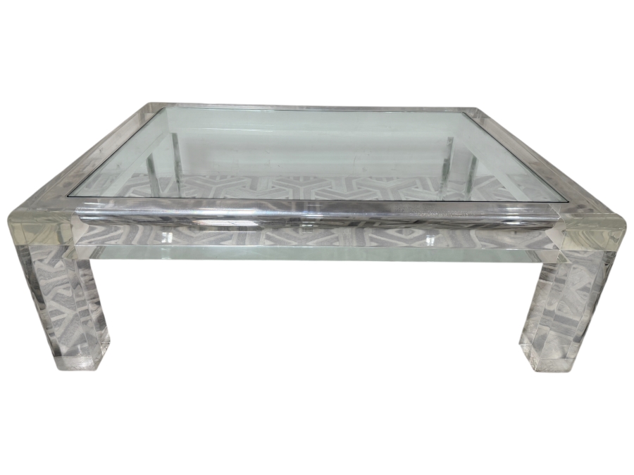 Vintage 1970s Signed Les Prismatiques Thick Slab Clear Lucite Inset Glass Coffee Table Retailed $10,995 48'W X 36'D X 18'H [Photo 4]