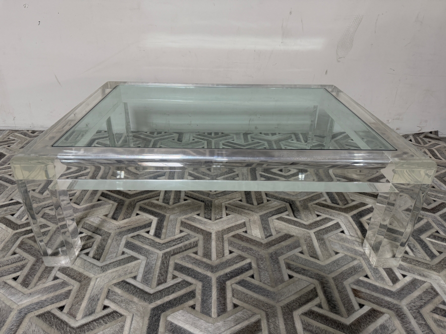 Vintage 1970s Signed Les Prismatiques Thick Slab Clear Lucite Inset Glass Coffee Table Retailed $10,995 48'W X 36'D X 18'H [Photo 2]