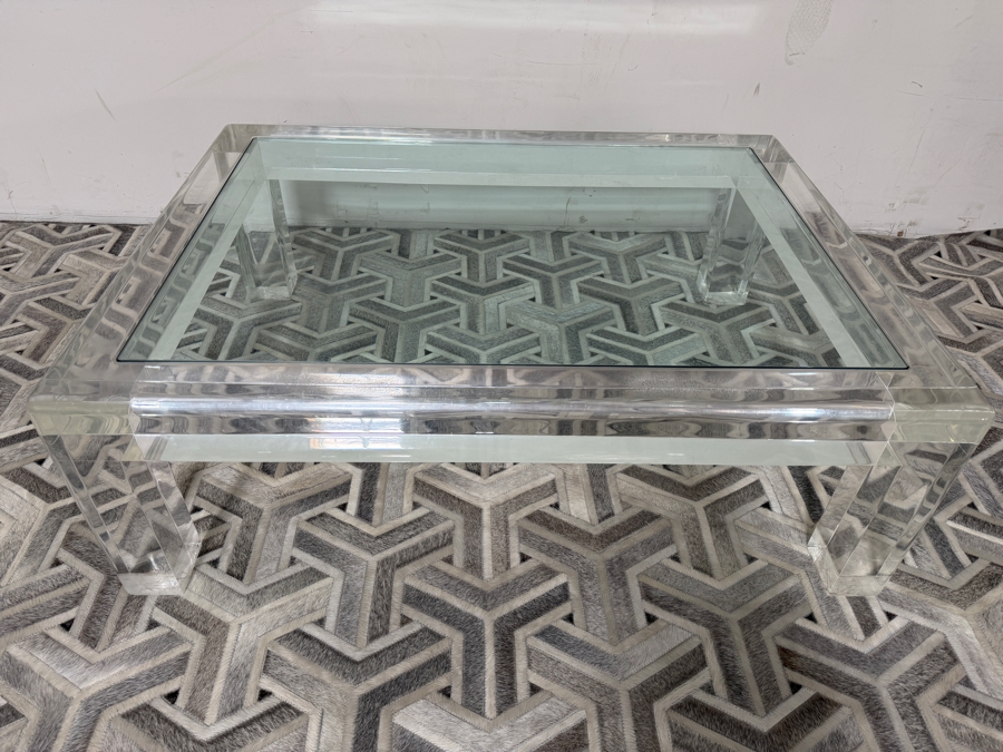Vintage 1970s Signed Les Prismatiques Thick Slab Clear Lucite Inset Glass Coffee Table Retailed $10,995 48'W X 36'D X 18'H [Photo 6]