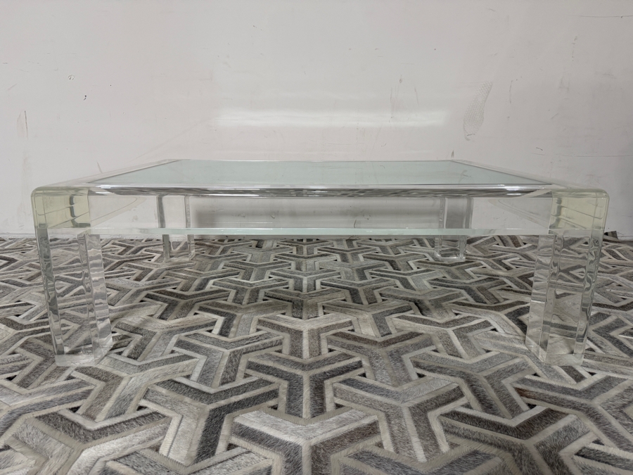 Vintage 1970s Signed Les Prismatiques Thick Slab Clear Lucite Inset Glass Coffee Table Retailed $10,995 48'W X 36'D X 18'H [Photo 5]