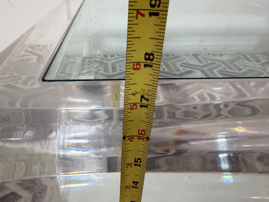 Vintage 1970s Signed Les Prismatiques Thick Slab Clear Lucite Inset Glass Coffee Table Retailed $10,995 48'W X 36'D X 18'H [Photo 11]