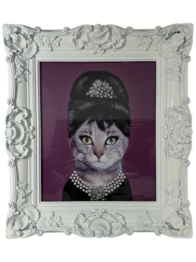 Empire Art Direct Pets Rock Breakfast Audrey Hepburn Cat Framed Gloss Baroque Wall Art 19' X 23' Framed: 29.5' X 33.5'