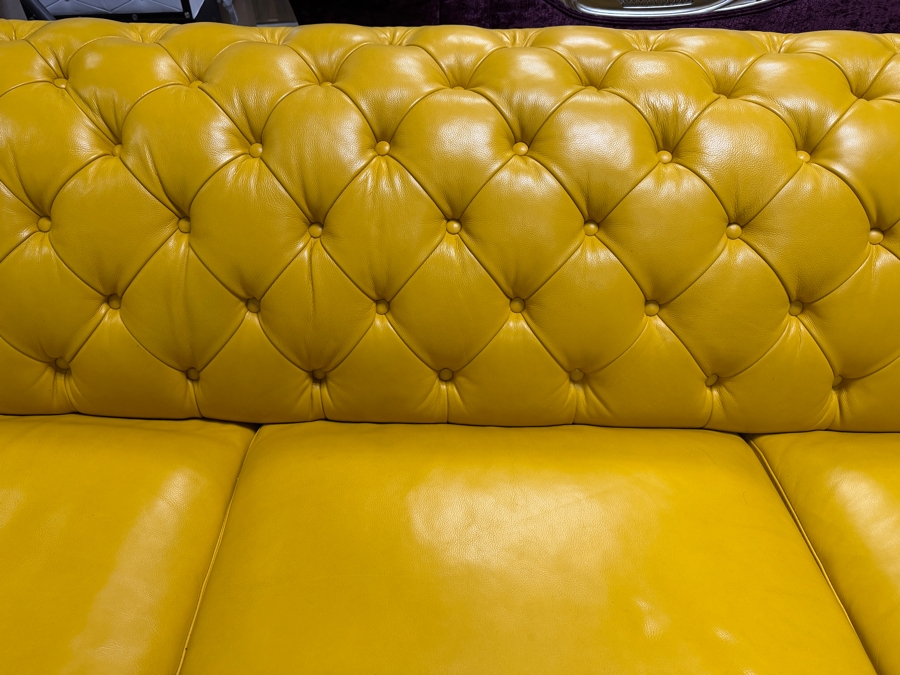 (2 of 2) Custom Luxury Marcantonio Designs Bench-Crafted Yellow Leather Chesterfield Sofa With Deep Button Tufting, Rolled Arms, And Nailhead Trim 113'W X 41'D X 31'H [Photo 3]