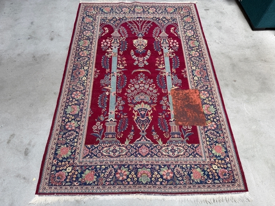 Authentic Fine Hand Knotted Persian Silk Kashan Tree Of Life Architectural Tapestry Rug (Has Been Repaired) 55' X 84' [Photo 7]
