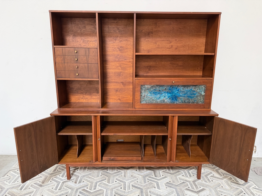 Vintage Mid-Century Modern Credenza and Hutch John Keal Style with Tambour Doors and Vinyl Record Storage Slots 72'W X 18'D X 74.5'H [Photo 6]