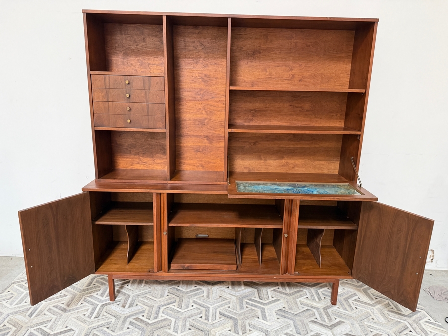 Vintage Mid-Century Modern Credenza and Hutch John Keal Style with Tambour Doors and Vinyl Record Storage Slots 72'W X 18'D X 74.5'H [Photo 9]