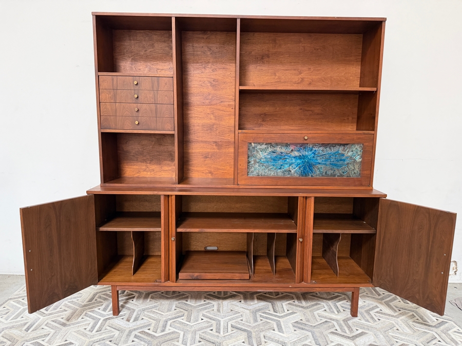 Vintage Mid-Century Modern Credenza and Hutch John Keal Style with Tambour Doors and Vinyl Record Storage Slots 72'W X 18'D X 74.5'H [Photo 2]
