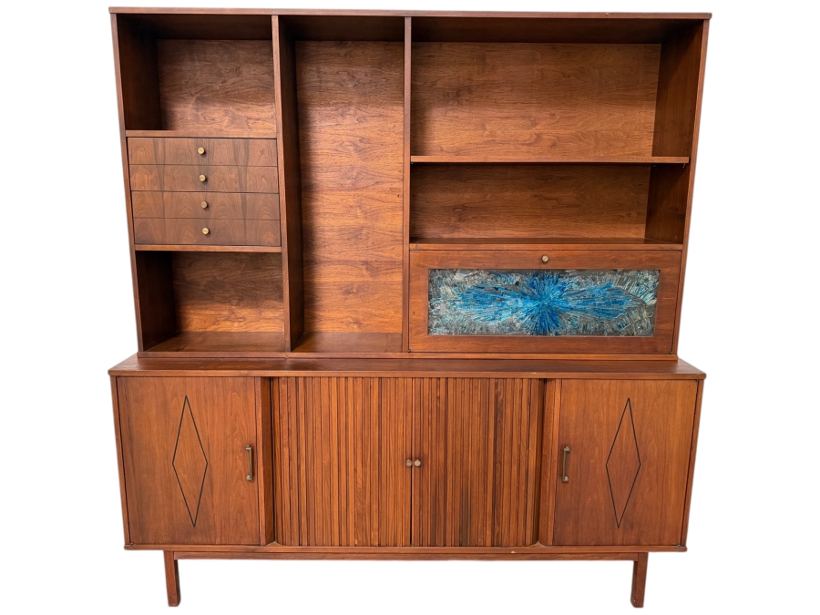 Vintage Mid-Century Modern Credenza and Hutch John Keal Style with Tambour Doors and Vinyl Record Storage Slots 72'W X 18'D X 74.5'H