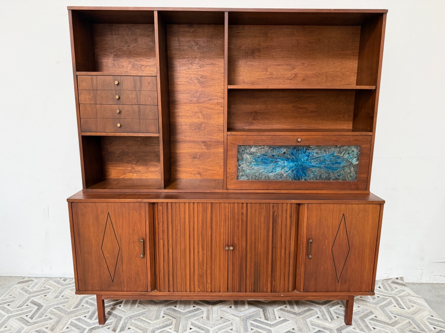 Vintage Mid-Century Modern Credenza and Hutch John Keal Style with Tambour Doors and Vinyl Record Storage Slots 72'W X 18'D X 74.5'H [Photo 3]