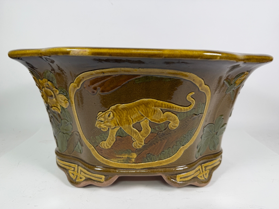 Vintage Large Chinese Glazed Terracotta Jardiniere Planter 20W X 16D X 10H [Photo 4]