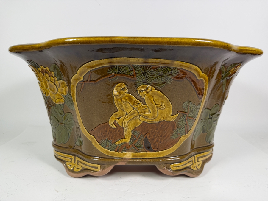 Vintage Large Chinese Glazed Terracotta Jardiniere Planter 20W X 16D X 10H [Photo 2]