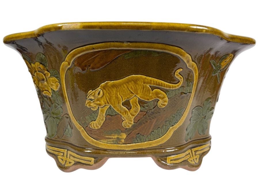 Vintage Large Chinese Glazed Terracotta Jardiniere Planter 20W X 16D X 10H
