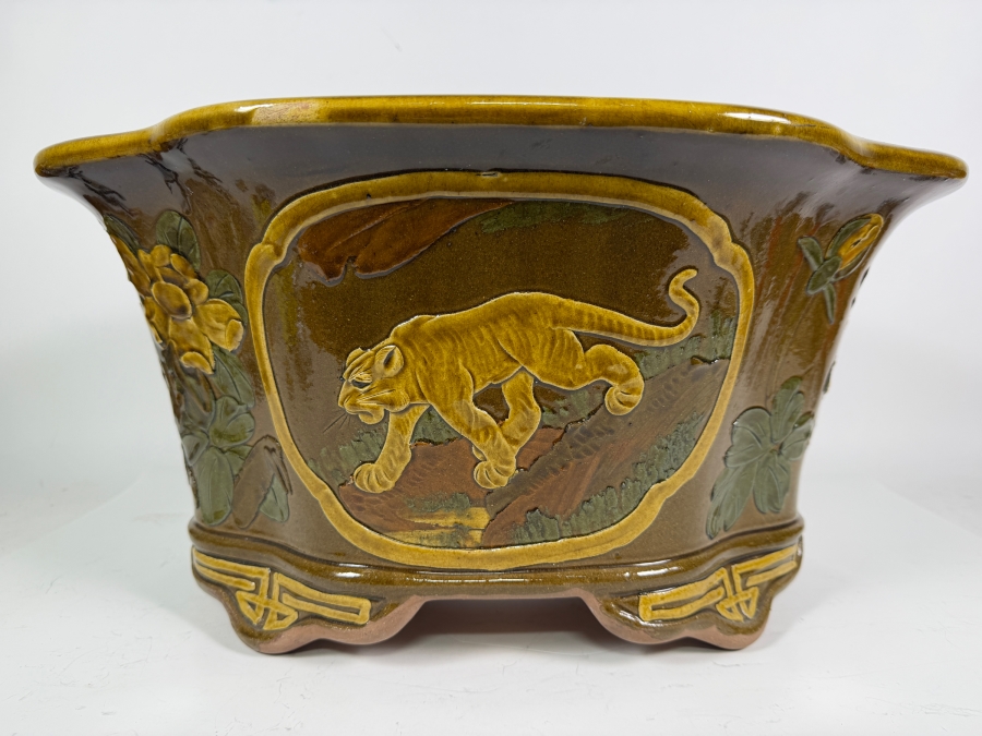 Vintage Large Chinese Glazed Terracotta Jardiniere Planter 20W X 16D X 10H [Photo 3]