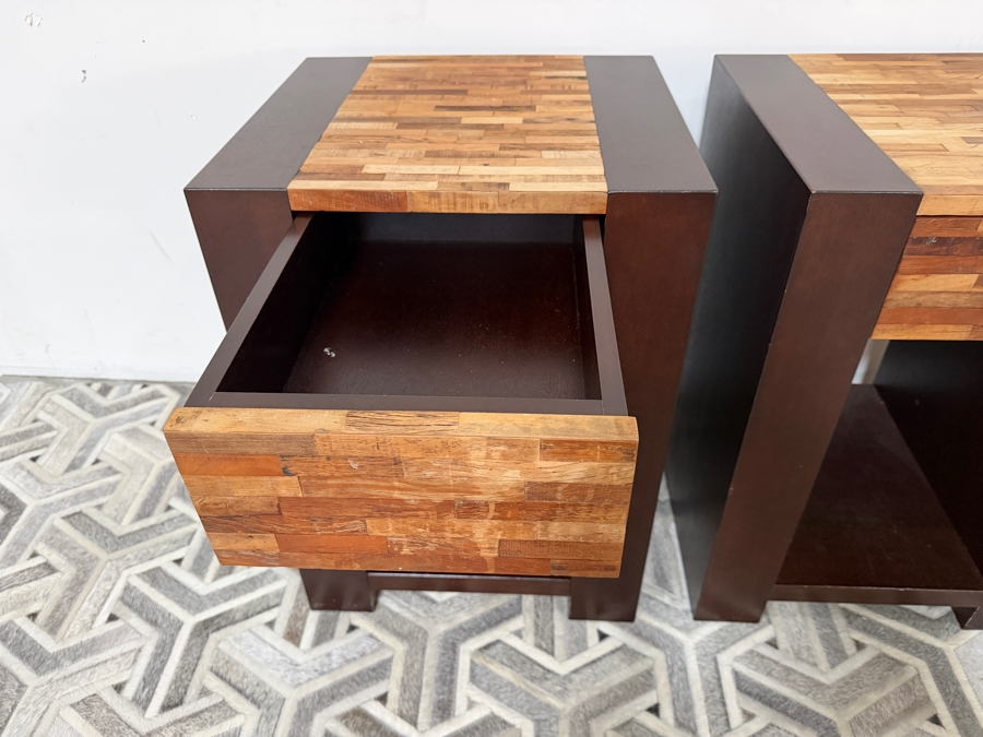 Pair Of Contemporary Dark Walnut Finish Wood Nightstands With Brick Pattern Mosaic Patchwork Accent Drawer Fronts 19.5'W X 18'D X 27.5'H [Photo 4]