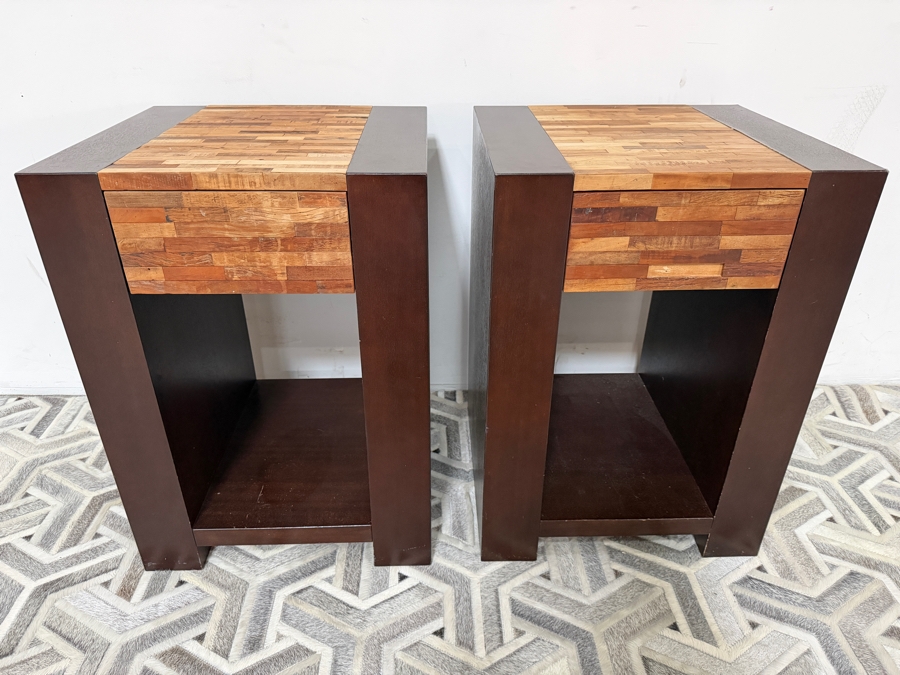 Pair Of Contemporary Dark Walnut Finish Wood Nightstands With Brick Pattern Mosaic Patchwork Accent Drawer Fronts 19.5'W X 18'D X 27.5'H [Photo 3]