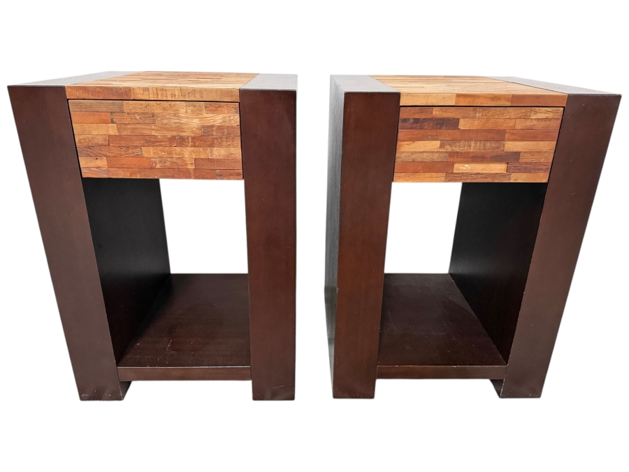 Pair Of Contemporary Dark Walnut Finish Wood Nightstands With Brick Pattern Mosaic Patchwork Accent Drawer Fronts 19.5'W X 18'D X 27.5'H