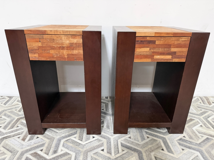 Pair Of Contemporary Dark Walnut Finish Wood Nightstands With Brick Pattern Mosaic Patchwork Accent Drawer Fronts 19.5'W X 18'D X 27.5'H [Photo 2]