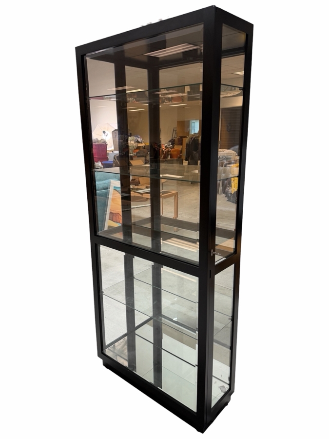 Howard Miller Jayden Collection Gloss Black Hardwood Accent Lighted Curio Display Cabinet With Mirrored Back And Two Way Sliding Glass Door 33.5'W X 12'D X 77'H [Photo 3]