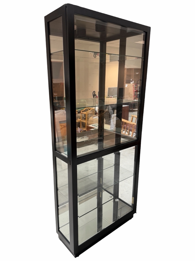 Howard Miller Jayden Collection Gloss Black Hardwood Accent Lighted Curio Display Cabinet With Mirrored Back And Two Way Sliding Glass Door 33.5'W X 12'D X 77'H