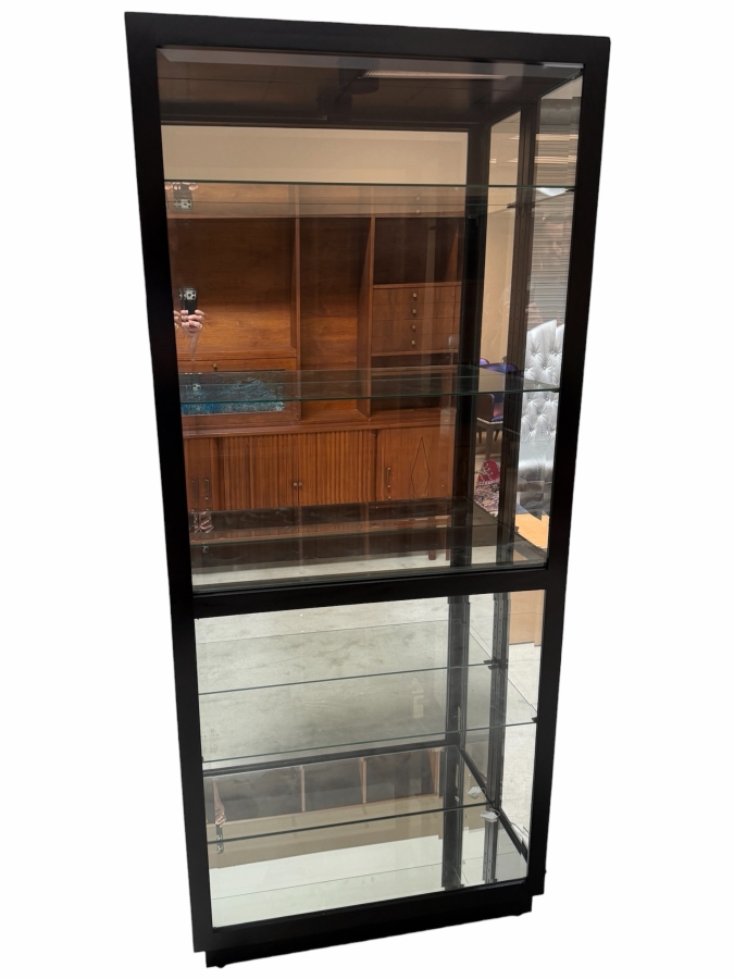 Howard Miller Jayden Collection Gloss Black Hardwood Accent Lighted Curio Display Cabinet With Mirrored Back And Two Way Sliding Glass Door 33.5'W X 12'D X 77'H [Photo 2]