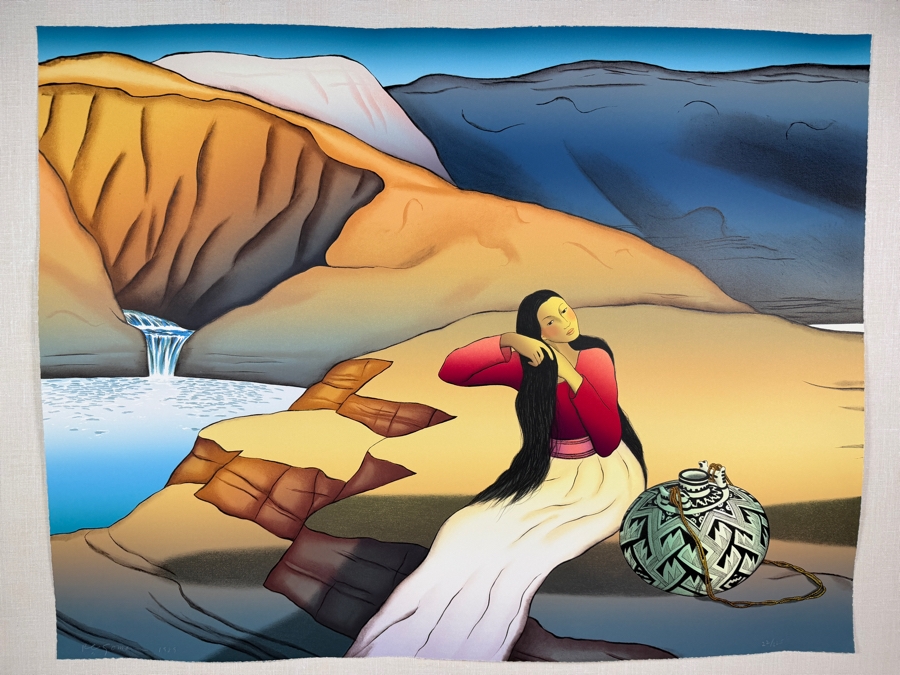 R.C. Gorman Signed 1985 Limited Edition 2/225 'Waterfall' Hand Pulled Stone Lithograph Print Featuring Native American Woman 39'W X 30'H Framed: 45'W X 36'H [Photo 2]