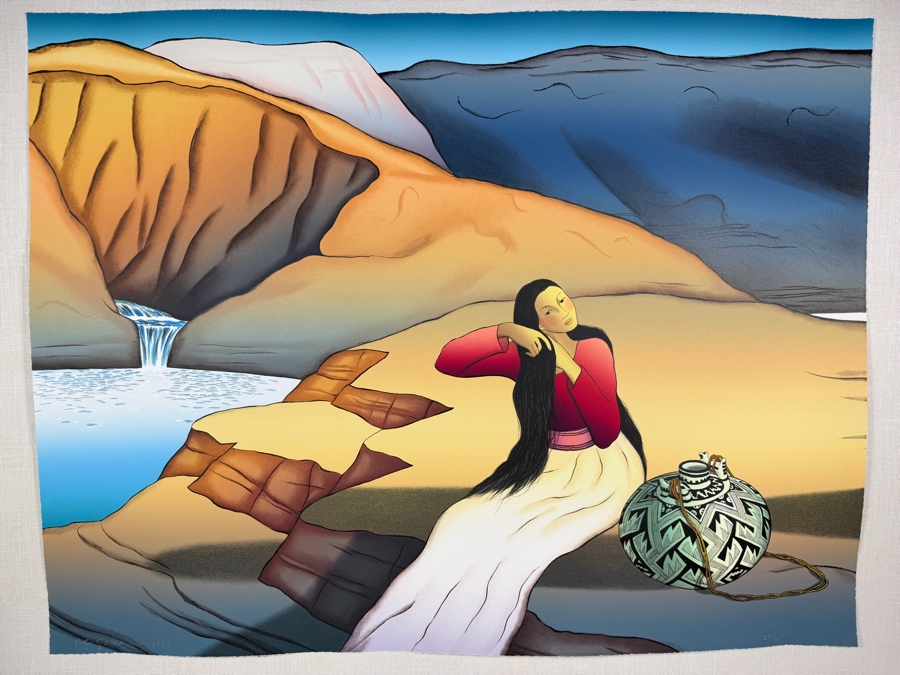 R.C. Gorman Signed 1985 Limited Edition 2/225 'Waterfall' Hand Pulled Stone Lithograph Print Featuring Native American Woman 39'W X 30'H Framed: 45'W X 36'H [Photo 3]