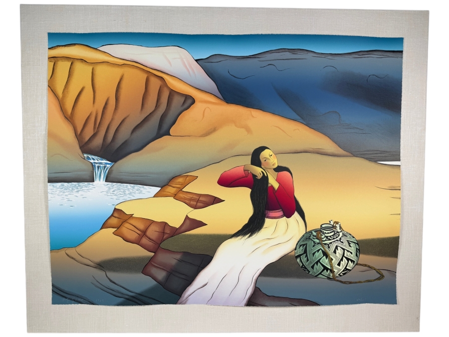 R.C. Gorman Signed 1985 Limited Edition 2/225 'Waterfall' Hand Pulled Stone Lithograph Print Featuring Native American Woman 39'W X 30'H Framed: 45'W X 36'H