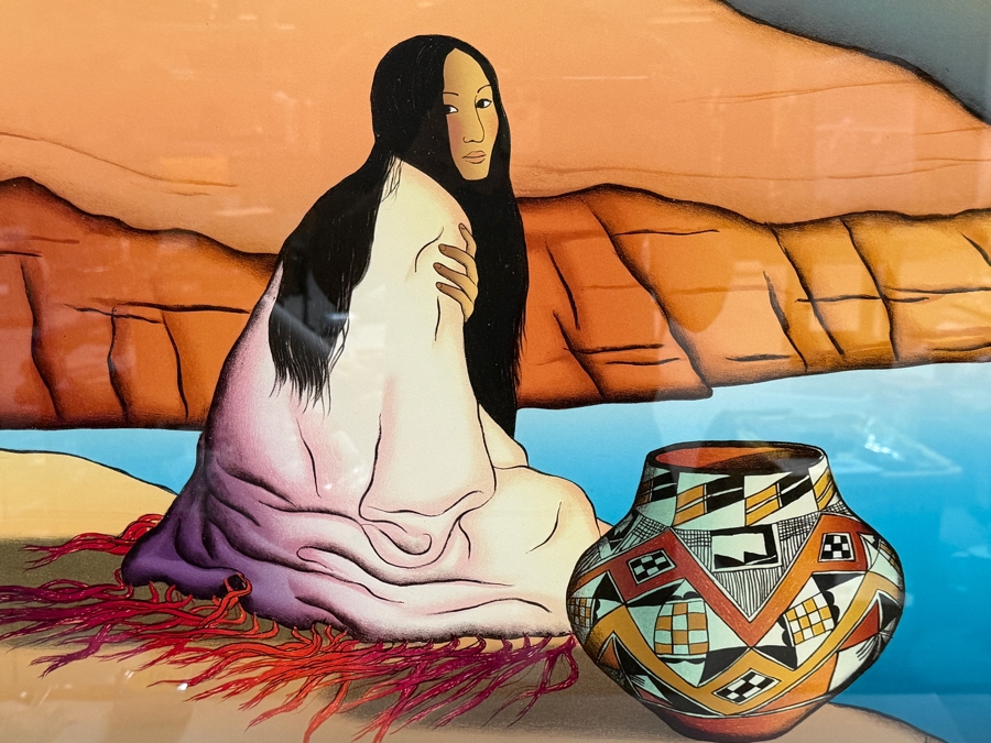 R.C. Gorman Signed 1989 Limited Edition 22/225 'Canyon Woman' Hand Pulled Stone Lithograph Print Featuring Navajo Woman With Pottery Framed in Acrylic Shadowbox Frame 39'W X 30'H Framed: 45'W X 36'H [Photo 4]