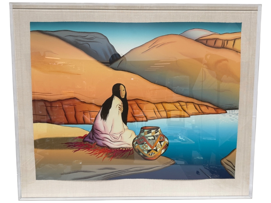 R.C. Gorman Signed 1989 Limited Edition 22/225 'Canyon Woman' Hand Pulled Stone Lithograph Print Featuring Navajo Woman With Pottery Framed in Acrylic Shadowbox Frame 39'W X 30'H Framed: 45'W X 36'H