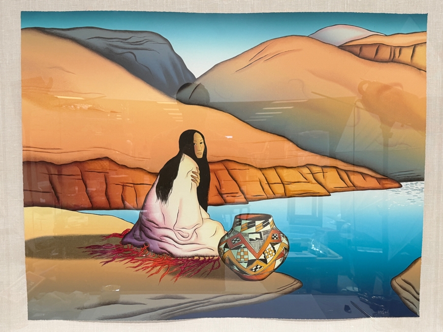 R.C. Gorman Signed 1989 Limited Edition 22/225 'Canyon Woman' Hand Pulled Stone Lithograph Print Featuring Navajo Woman With Pottery Framed in Acrylic Shadowbox Frame 39'W X 30'H Framed: 45'W X 36'H [Photo 2]