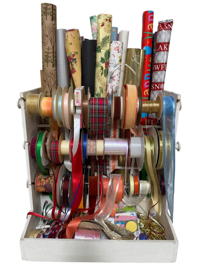 Vintage White Wooden Gift Wrapping Organization Station Caddy Lot Filled With Assorted Seasonal Fabric Ribbons And Holiday Paper Rolls 22'W X 16'D X22'H