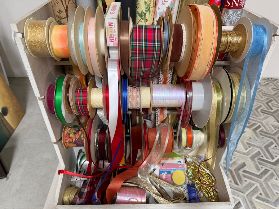 Vintage White Wooden Gift Wrapping Organization Station Caddy Lot Filled With Assorted Seasonal Fabric Ribbons And Holiday Paper Rolls 22'W X 16'D X22'H [Photo 3]