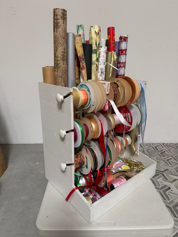 Vintage White Wooden Gift Wrapping Organization Station Caddy Lot Filled With Assorted Seasonal Fabric Ribbons And Holiday Paper Rolls 22'W X 16'D X22'H [Photo 5]