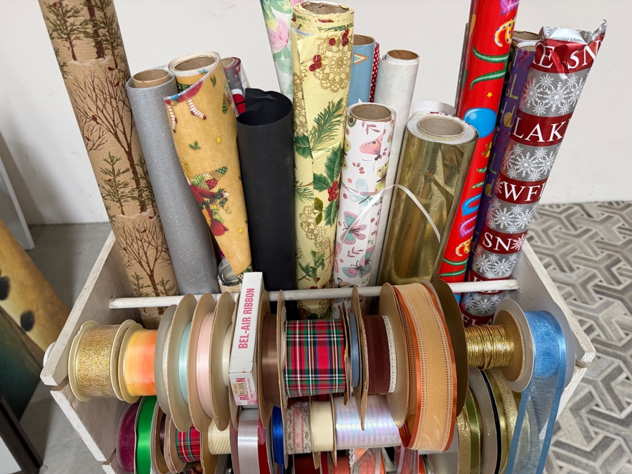 Vintage White Wooden Gift Wrapping Organization Station Caddy Lot Filled With Assorted Seasonal Fabric Ribbons And Holiday Paper Rolls 22'W X 16'D X22'H [Photo 4]