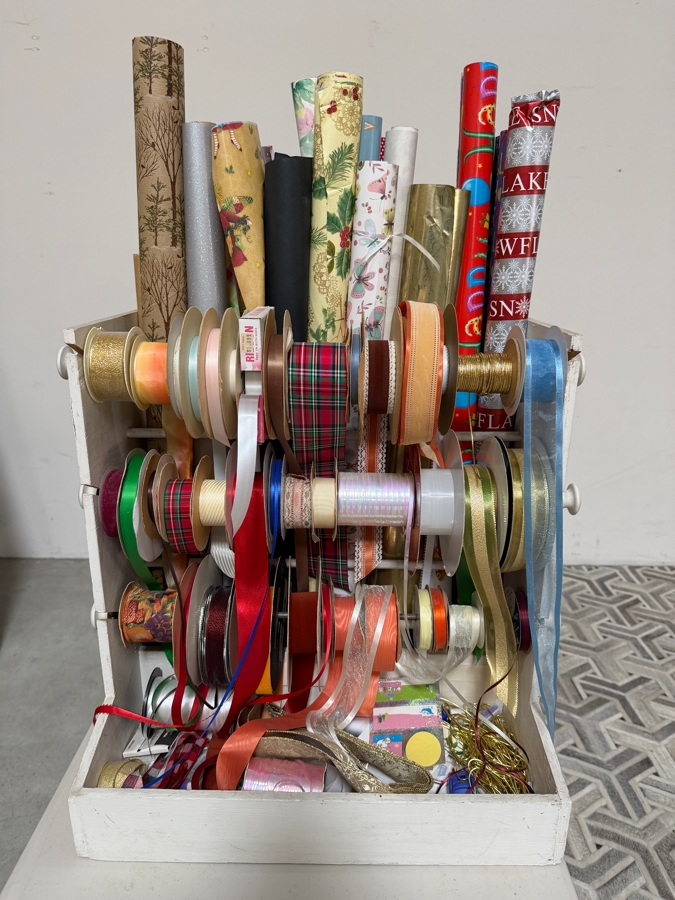 Vintage White Wooden Gift Wrapping Organization Station Caddy Lot Filled With Assorted Seasonal Fabric Ribbons And Holiday Paper Rolls 22'W X 16'D X22'H [Photo 2]