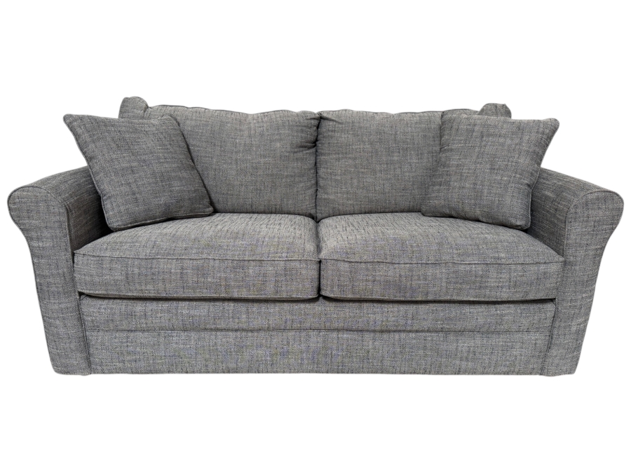 La-Z-Boy Leah Full Sleep Sofa In Pewter Gray Textured Performance Fabric Featuring Rolled Arms And Accent Toss Pillows 73.5'W X 38'H