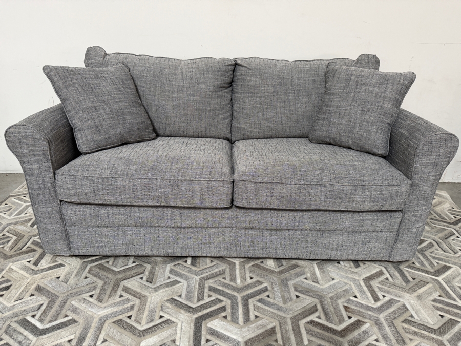 La-Z-Boy Leah Full Sleep Sofa In Pewter Gray Textured Performance Fabric Featuring Rolled Arms And Accent Toss Pillows 73.5'W X 38'H [Photo 3]