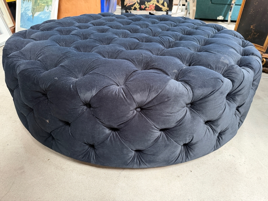 Oversized Chesterfield Style Round Navy Blue Velvet Fully Button Tufted Cocktail Ottoman Coffee Table Footstool 55'W X 18'H [Photo 2]