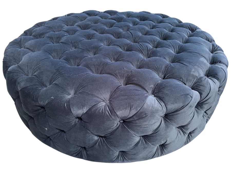 Oversized Chesterfield Style Round Navy Blue Velvet Fully Button Tufted Cocktail Ottoman Coffee Table Footstool 55'W X 18'H