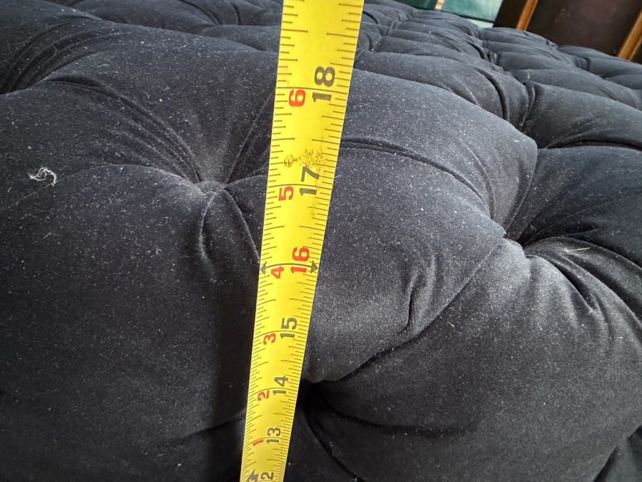 Oversized Chesterfield Style Round Navy Blue Velvet Fully Button Tufted Cocktail Ottoman Coffee Table Footstool 55'W X 18'H [Photo 4]