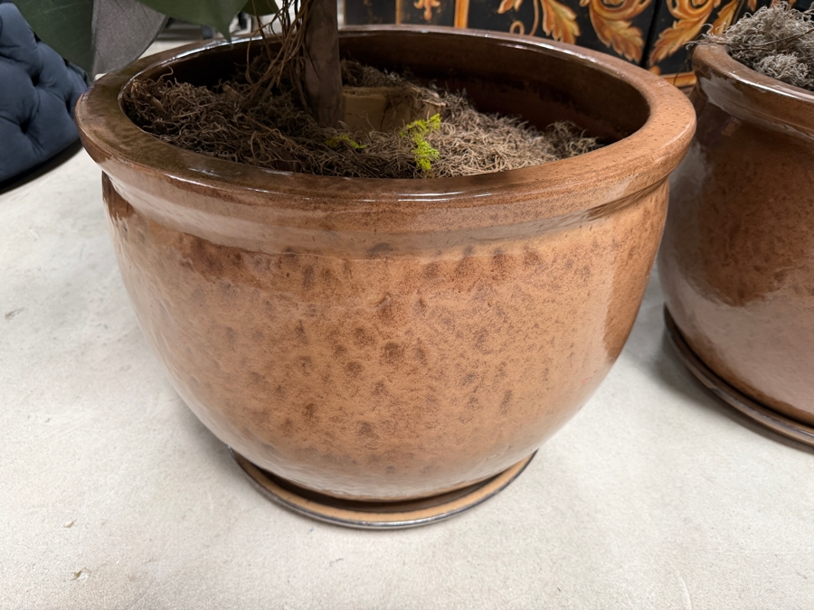 Pair Of Oversized Faux Rubber Tree Artificial Silk Plants Housed In Large Round Glossy Metallic Bronze Glazed Ceramic Pots 24' Pots and 70'H [Photo 4]